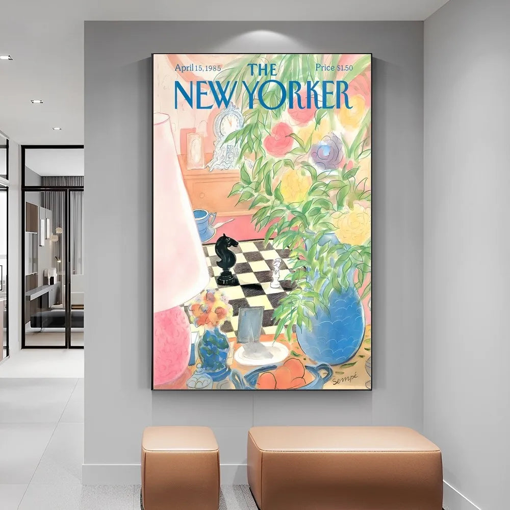Framed New Yorker magazine cover on a wall in a modern interior setting