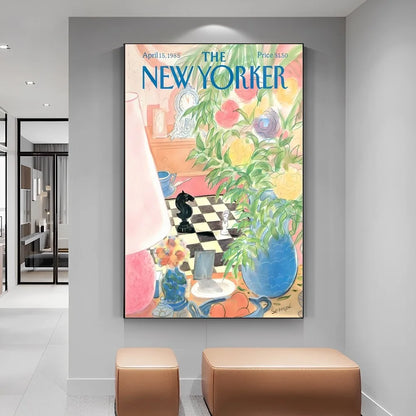 Framed New Yorker magazine cover on a wall in a modern interior setting
