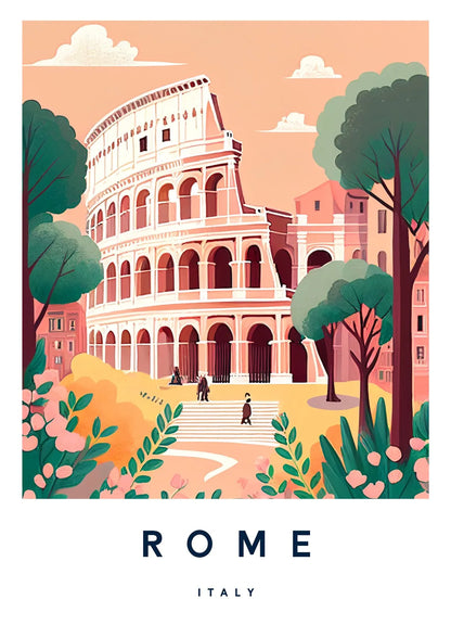 Illustration of the Colosseum in Rome with trees and a clear sky.