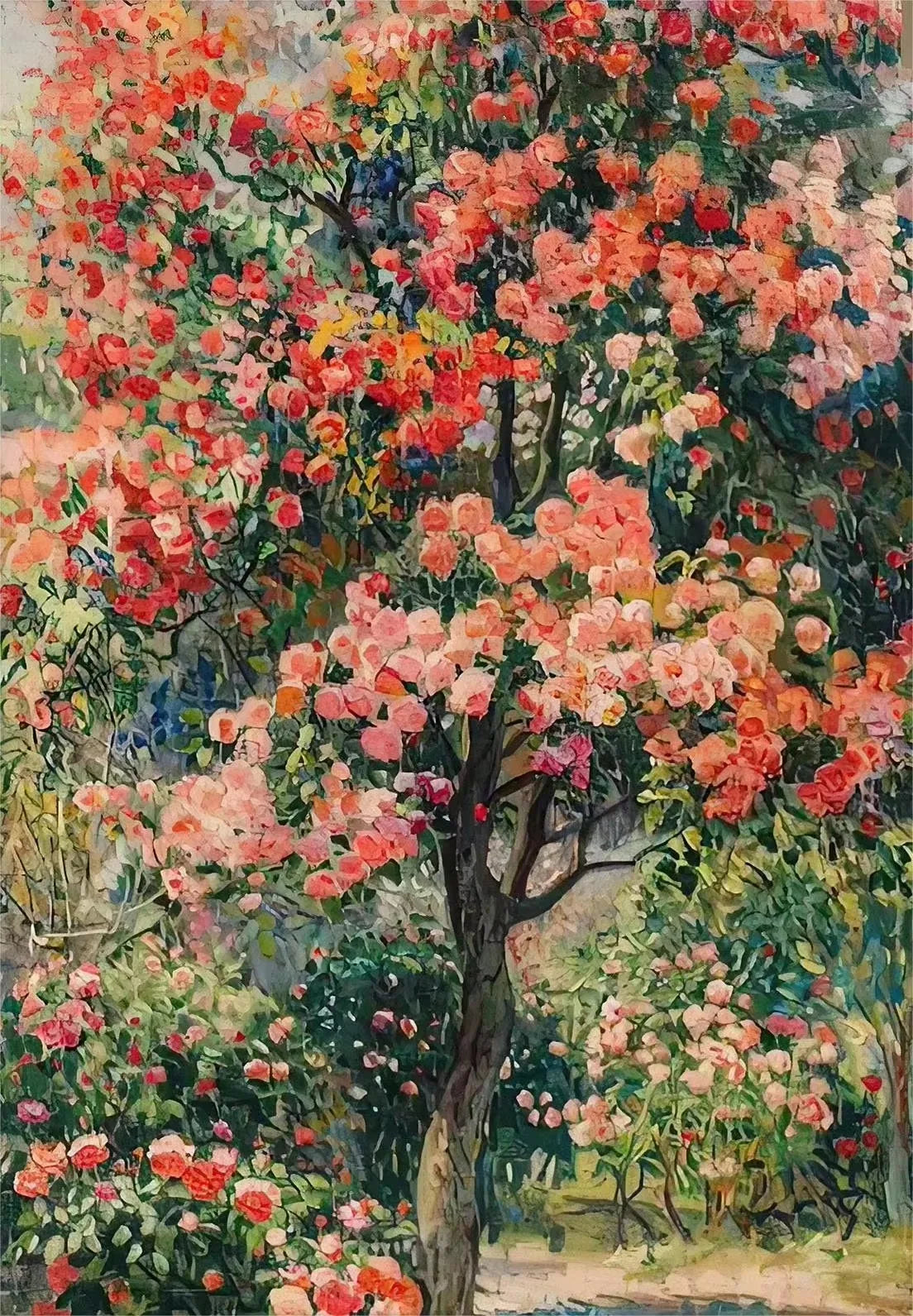 red flowers on top of a tree