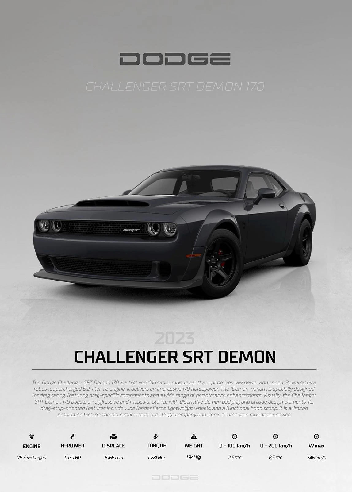 Black Dodge Challenger SRT Demon car on a gray background with Dodge logo above.