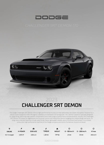 Black Dodge Challenger SRT Demon car on a gray background with Dodge logo above.