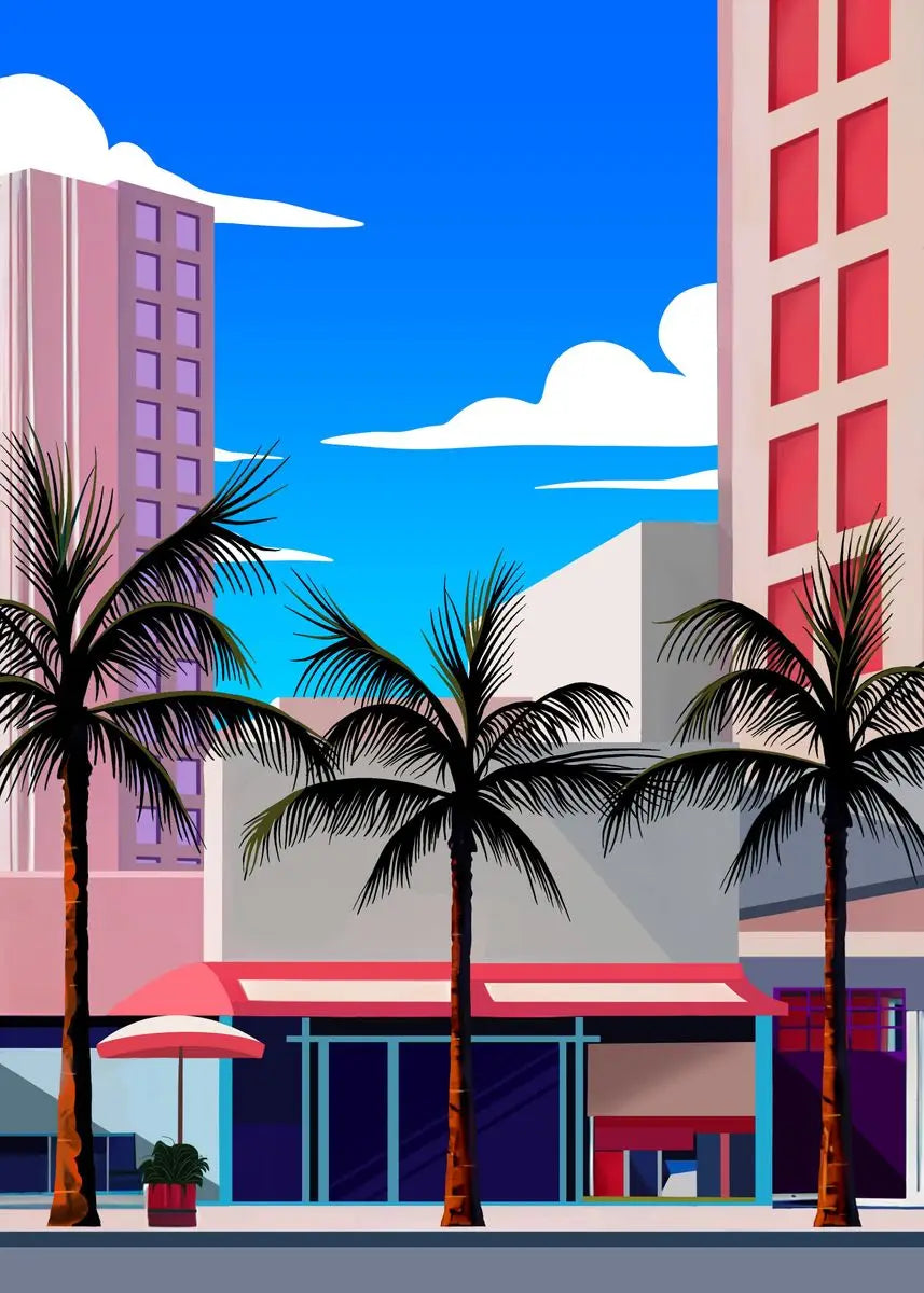 Cartoon-style city street with palm trees and buildings under a blue sky.