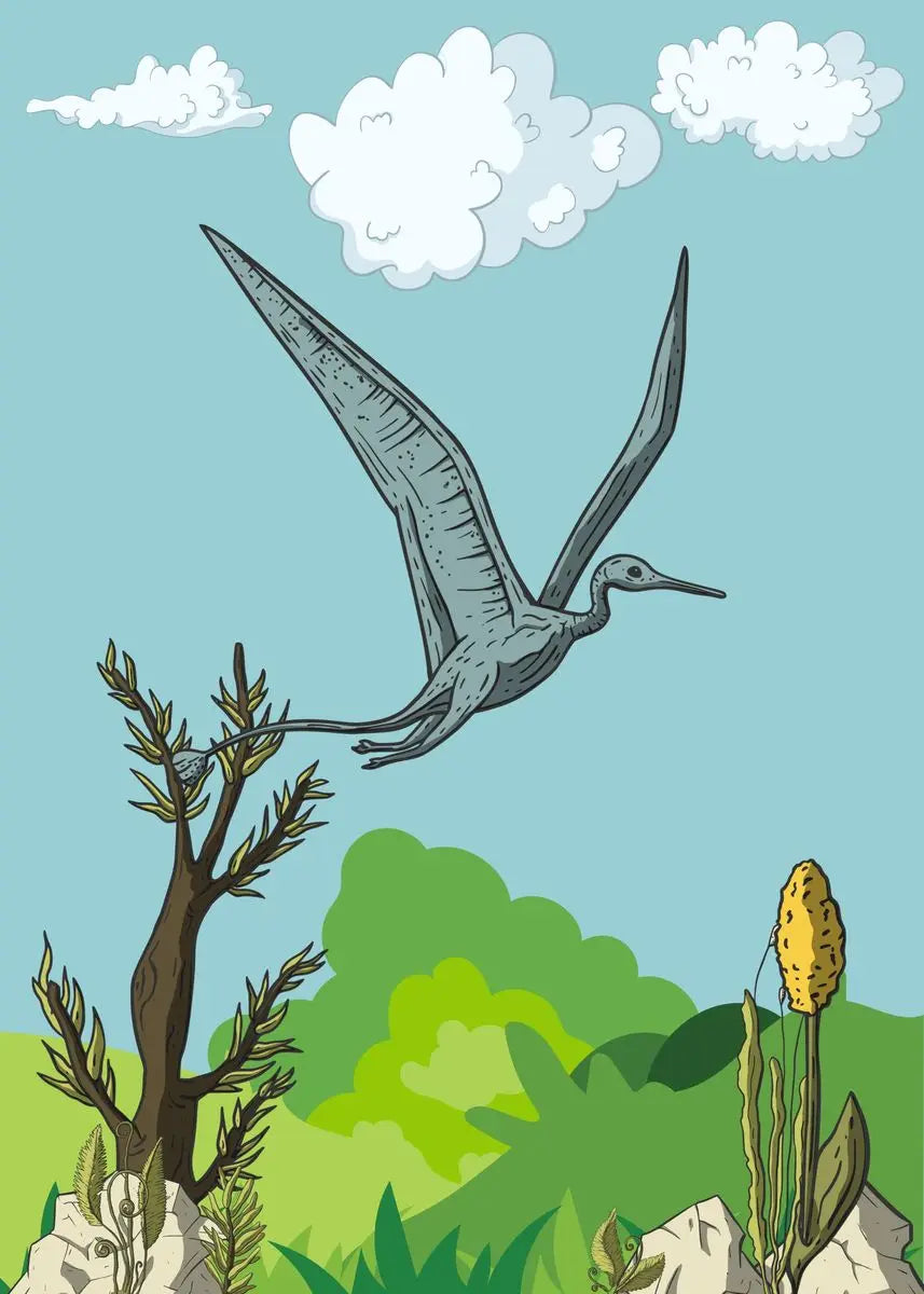 Dinosaur flying over a prehistoric landscape with trees and clouds.