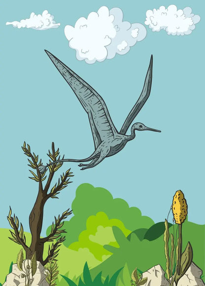 Dinosaur flying over a prehistoric landscape with trees and clouds.