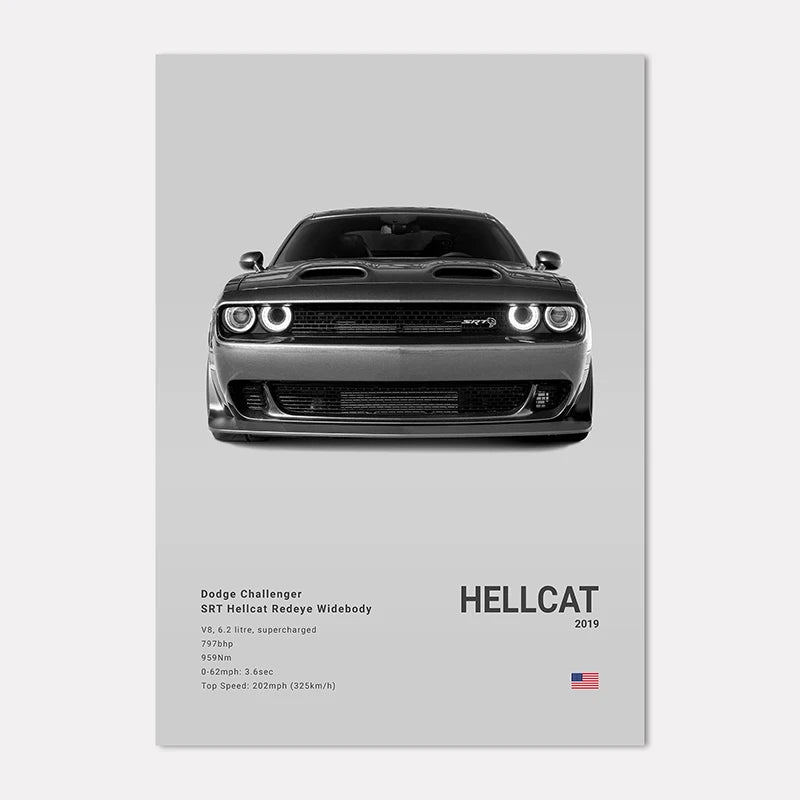 Dodge Challenger SRT Hellcat Redeye Widebody poster on a gray background