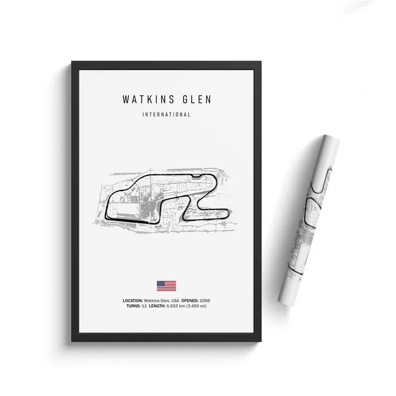 Framed poster of Watkins Glen International race track layout with a pen on a white background