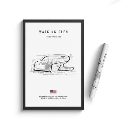 Framed poster of Watkins Glen International race track layout with a pen on a white background