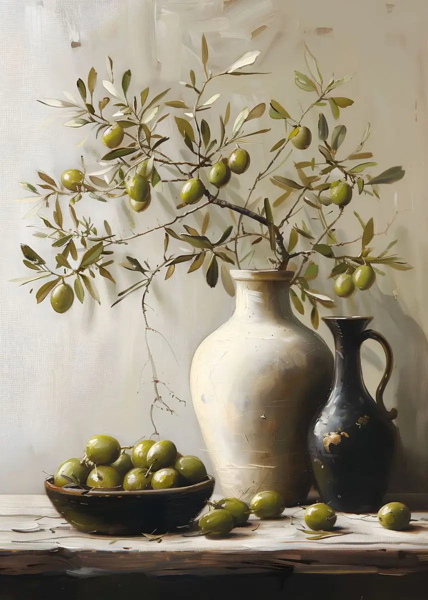 Still life arrangement with olive branches, green olives, and two vases on a wooden surface.