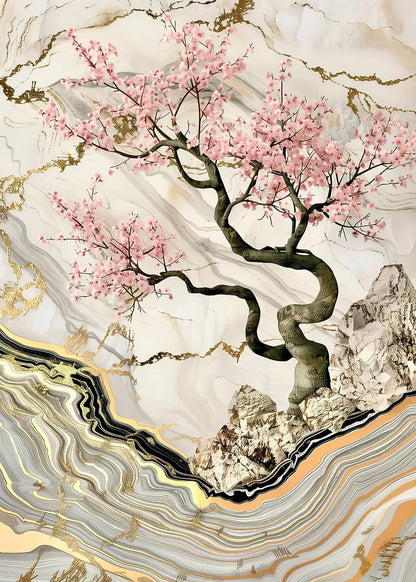 Decorative design with cherry blossom tree on a marble-like background