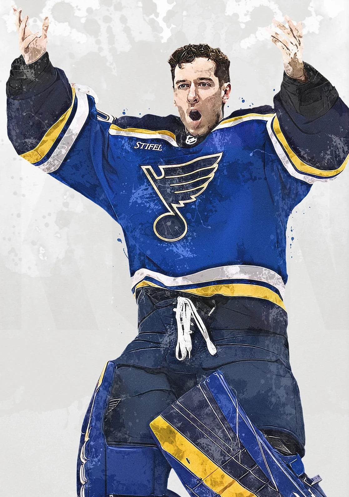 Hockey player in a blue St. Louis Blues jersey with arms raised against a light gray background