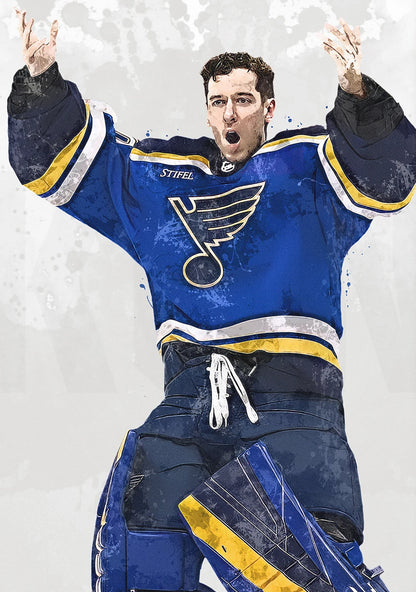 Hockey player in a blue St. Louis Blues jersey with arms raised against a light gray background