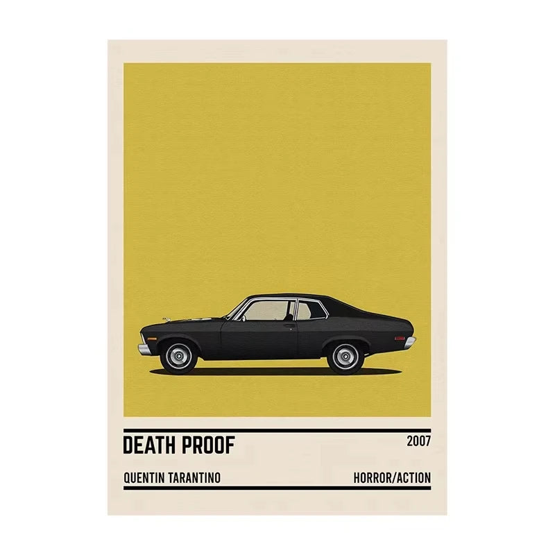Poster of a black car with 'Death Proof' text on a yellow background