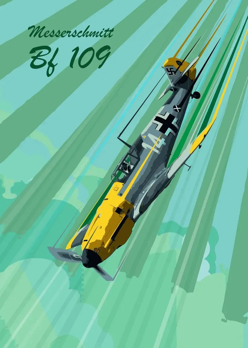 Illustration of a Messerschmitt Bf 109 aircraft against a green background