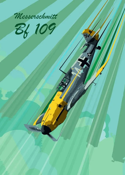 Illustration of a Messerschmitt Bf 109 aircraft against a green background