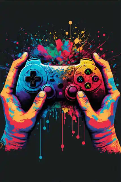 Colorful hands holding a gaming controller with splashes of paint on a black background