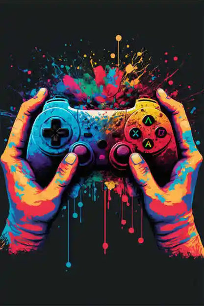 Colorful hands holding a gaming controller with splashes of paint on a black background