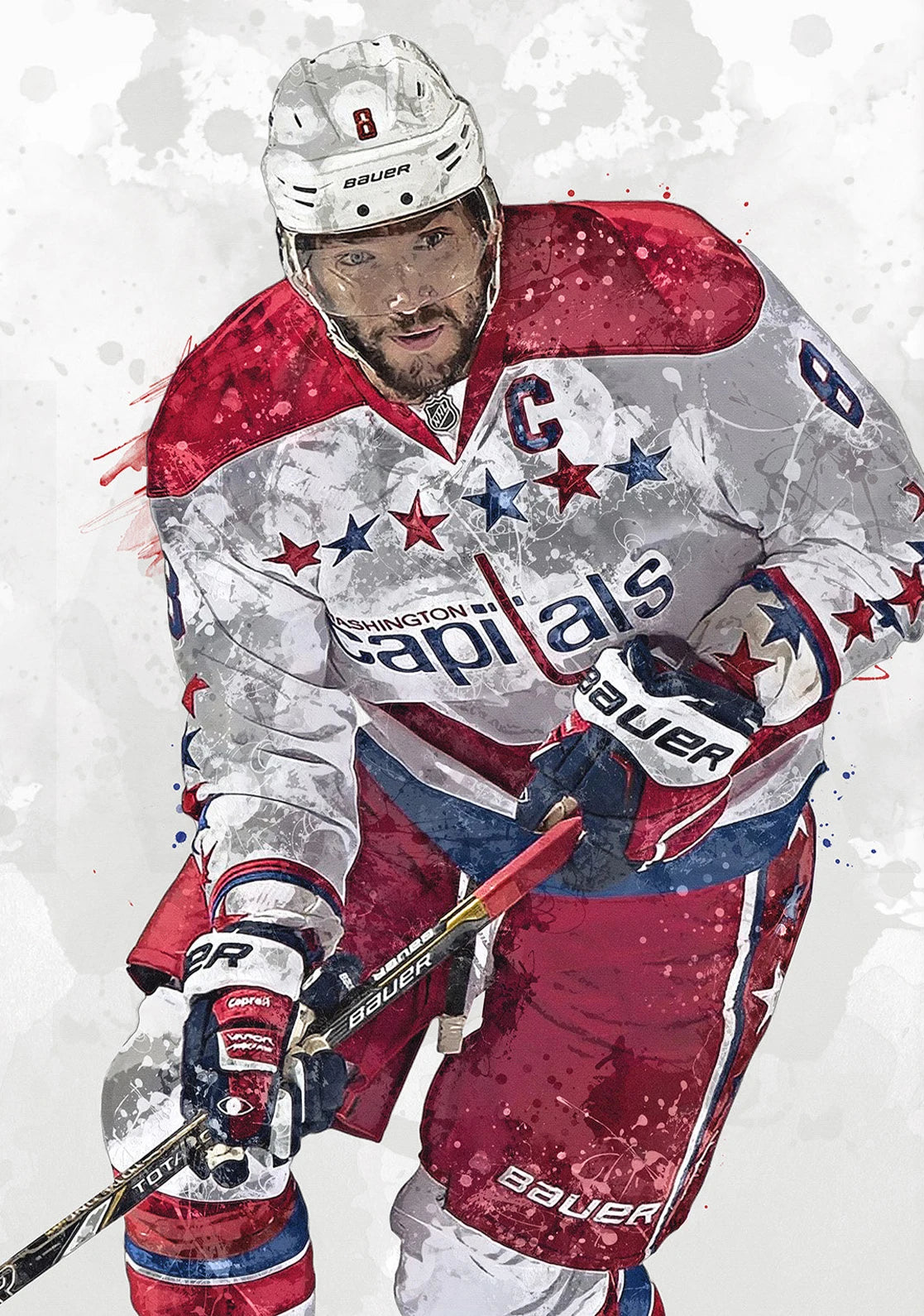 Hockey player in a red and gray uniform with 'Capitals' branding on a white background