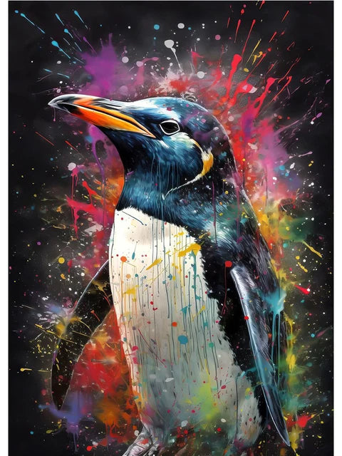 Colorful abstract painting of a penguin on a black background