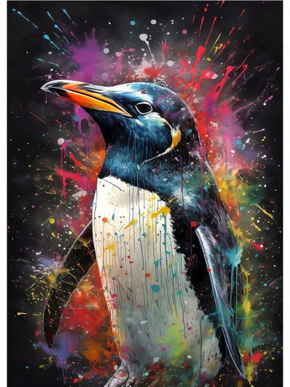 Colorful abstract painting of a penguin on a black background