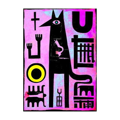 Abstract art with black silhouette of a figure on a pink and purple background