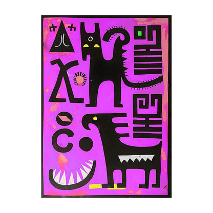 Abstract art print with black shapes on a pink background