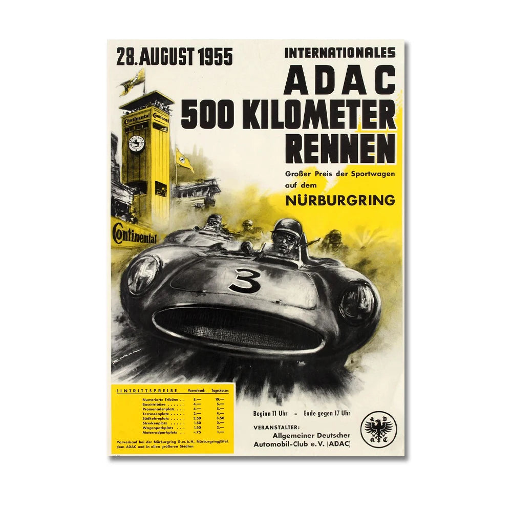 Vintage race car poster for the Internationales ADA C 500 Kilometer Rennen event on Nörburgring in 1955.
