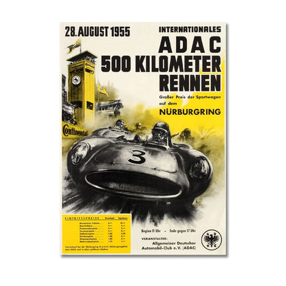 Vintage race car poster for the Internationales ADA C 500 Kilometer Rennen event on Nörburgring in 1955.