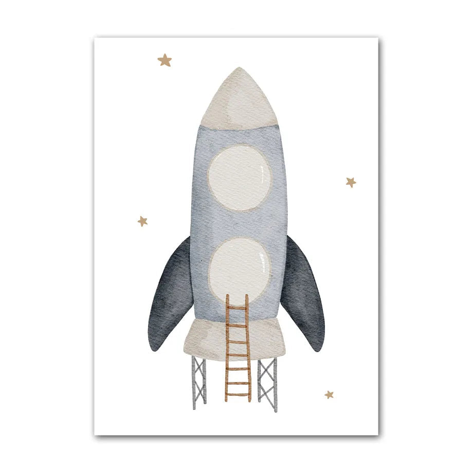 Rocket ship design on a white background with stars
