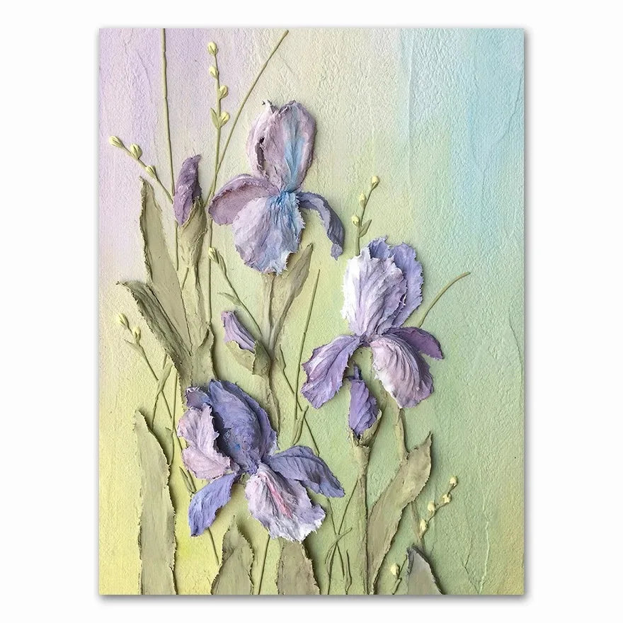 Painting of purple flowers on a textured background