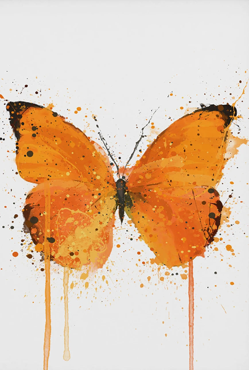 Orange butterfly with watercolor splashes on a white background
