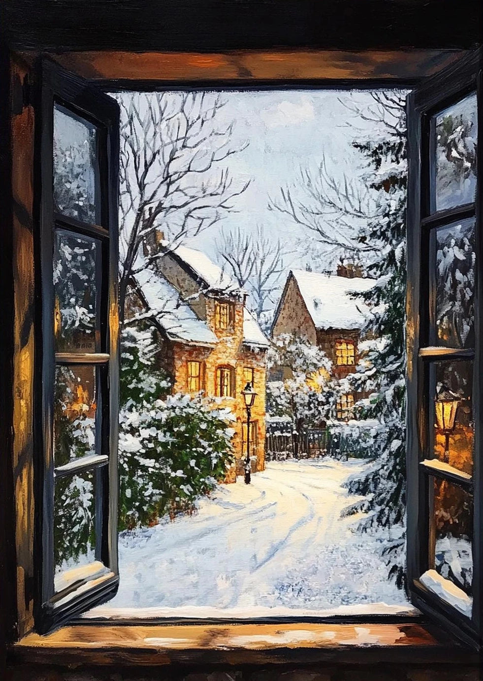 Winter scene viewed through an open window with snow-covered houses and trees.