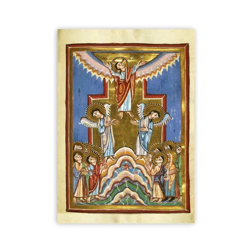 Decorative panel with religious artwork featuring angels and a cross on a blue background.