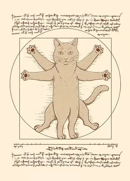 Cat with four arms and legs inside a circle, inspired by Leonardo da Vinci's style, on a beige background with text.