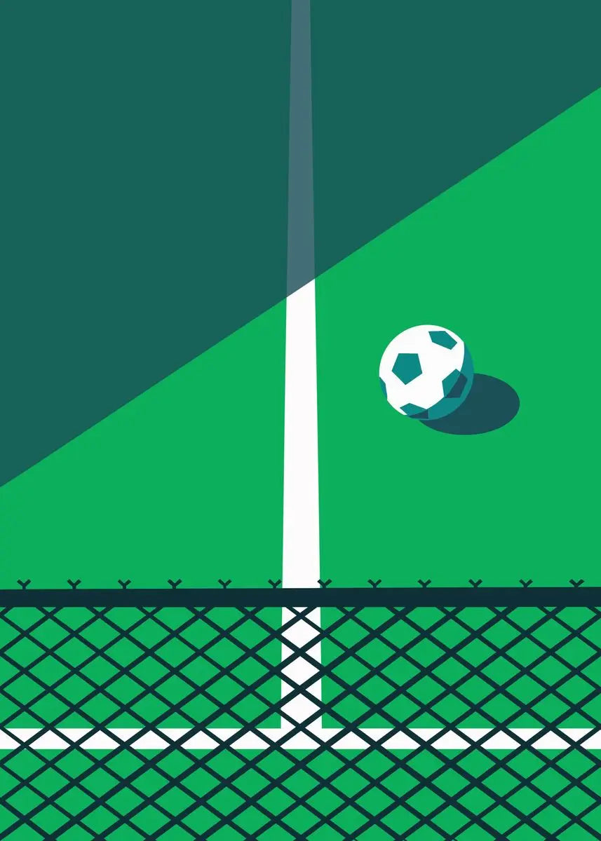 Soccer ball on a green field with a goal post