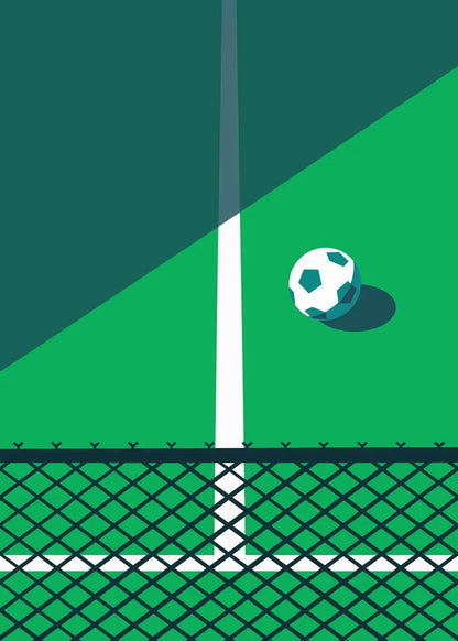 Soccer ball on a green field with a goal post
