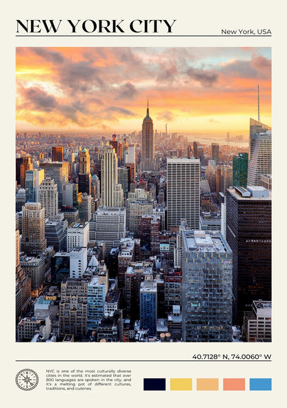 Cityscape of New York City with the Empire State Building at sunset.