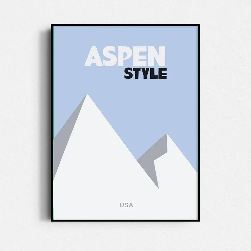 Framed artwork with 'Aspen Style' text and mountain design on a light blue background