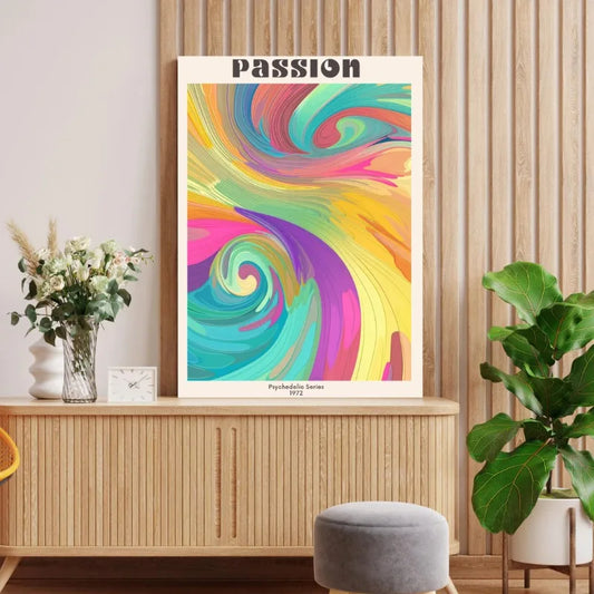 Colorful abstract poster with 'Passion' text on a wall in a room with decor elements. Canvas & Curio