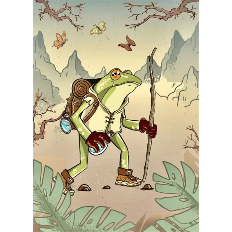 Cartoon frog with hiking gear in a forest setting