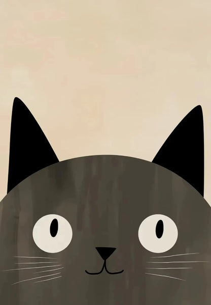 Illustration of a cat's face with large eyes and a small nose on a beige background