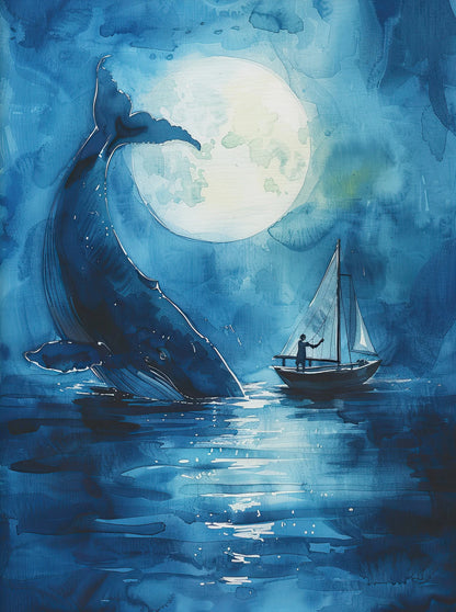 Whale and sailboat under a large moon in a body of water