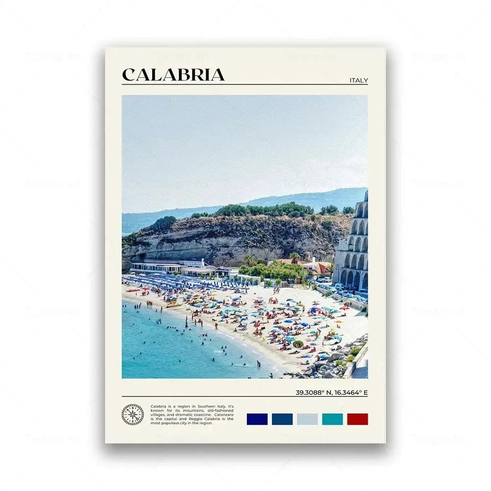 Poster of a beach in Calabria, Italy with scenic view and text.