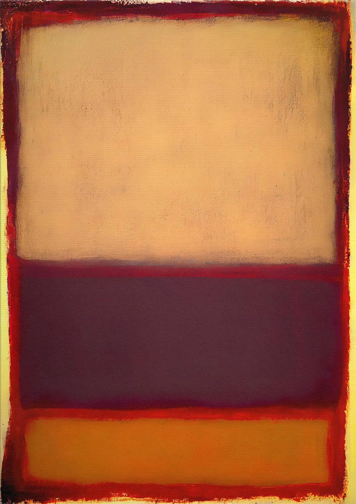 Abstract art with horizontal red, purple, and yellow stripes on a beige background