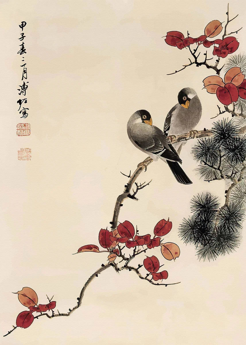 Traditional Chinese painting of two birds on a branch with red flowers and pine cones.