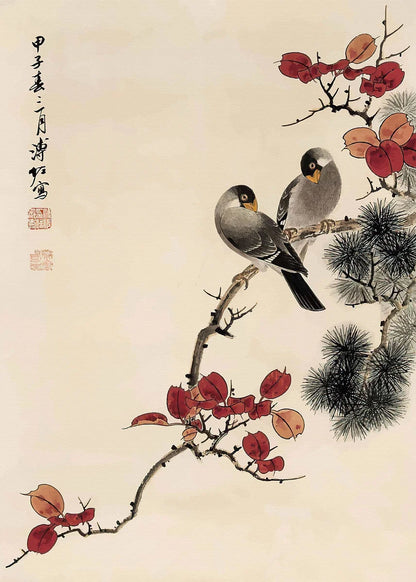 Traditional Chinese painting of two birds on a branch with red flowers and pine cones.
