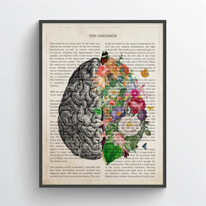 Framed artwork of a brain with floral design on an old book page.