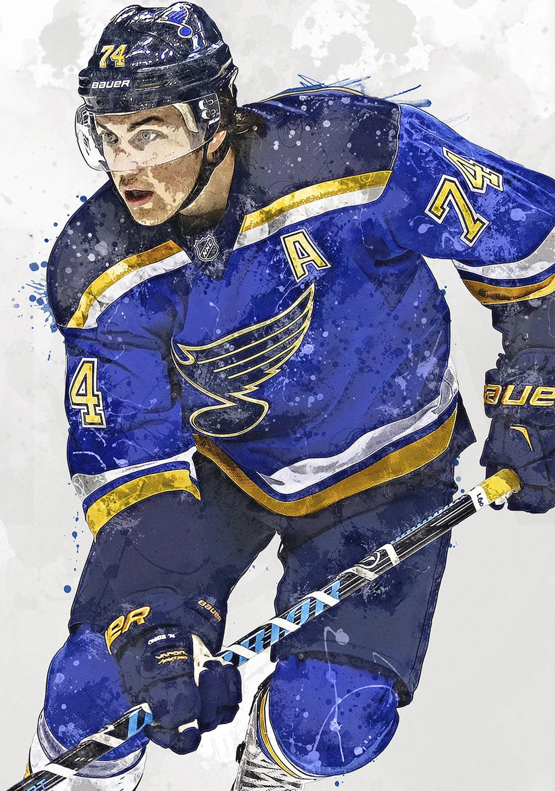 Hockey player in a blue and gold uniform with a white background