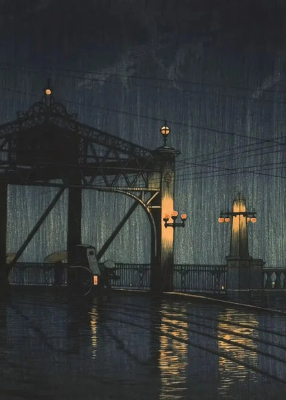 Dark, rainy night scene with a bridge and streetlights.
