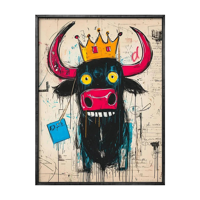 Framed artwork of a stylized bull with a crown on a textured beige background